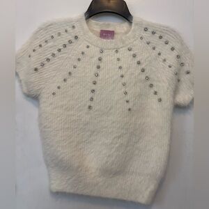 Muse Ivory Mohair Short Sleeve Sweater with Rhinestone Accents